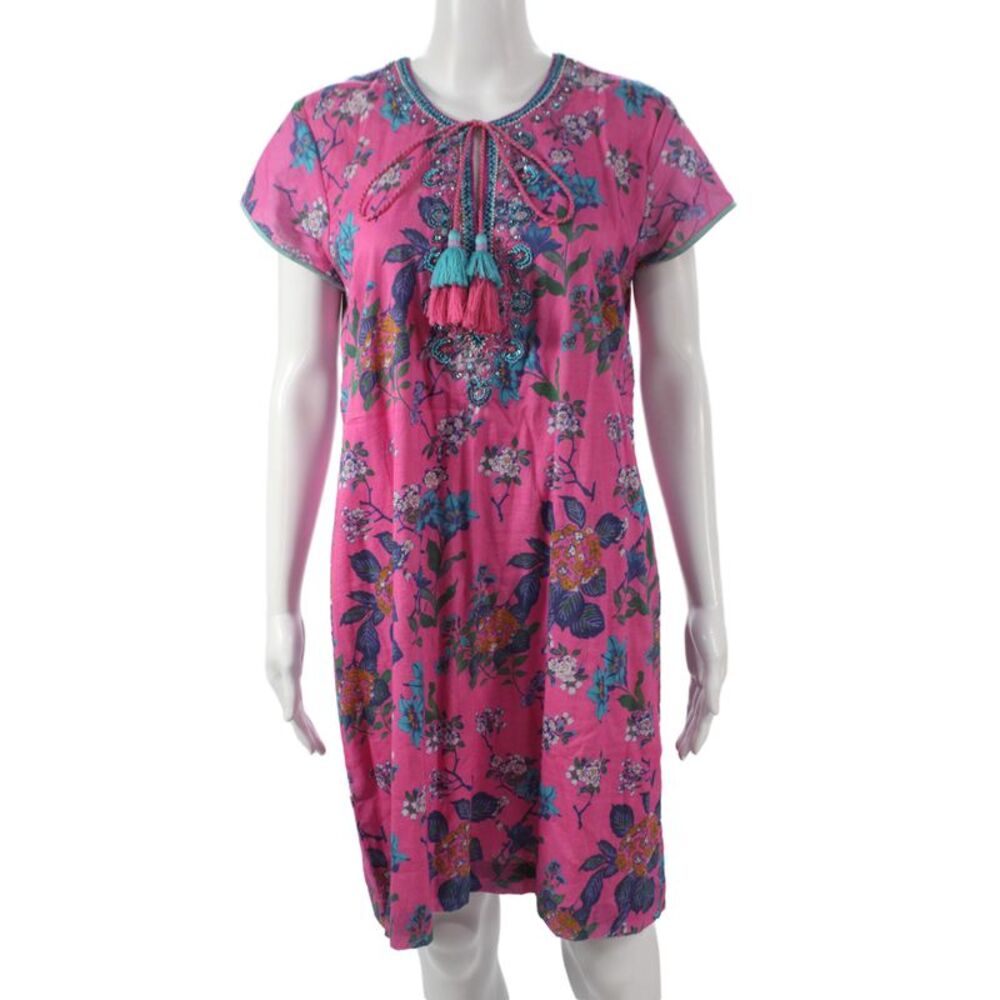 Bella Tu Womens Kaftan Shift Dress Pink Floral Cotton Short Sleeve Size L